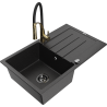 Mexen Bruno granite kitchen sink 1-bowl with drainer and Aster kitchen faucet, black/silver metallic - 6513-73-73450-57-B