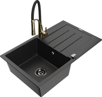 Mexen Bruno 1-bowl granite sink with drainer and Aster kitchen tap, black/silver metallic - 6513-73-73450-57-B