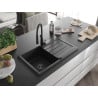 Mexen Bruno 1-bowl granite kitchen sink with drainer and Aster faucet, black/silver metallic - 6513-73-73450-70-B