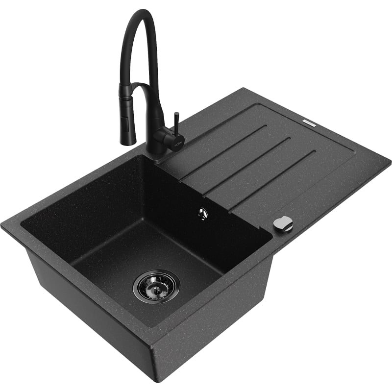 Mexen Bruno 1-bowl granite kitchen sink with drainer and Aster faucet, black/silver metallic - 6513-73-73450-70-B