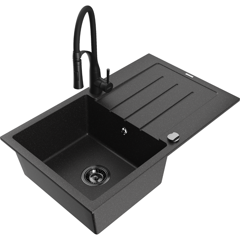 Mexen Bruno 1-bowl granite sink with drainer and Aster kitchen tap, black/silver metallic - 6513-73-73450-70-B