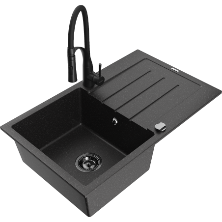 Mexen Bruno 1-bowl granite sink with drainer and Aster kitchen faucet, black/silver metallic - 6513-73-73450-70-B