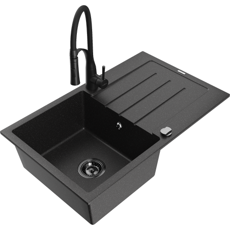 Mexen Bruno 1-bowl granite sink with drainer and Aster kitchen tap, black/silver metallic - 6513-73-73450-70-B