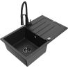 Mexen Bruno 1-bowl granite kitchen sink with drainer and Aster faucet, black/silver metallic - 6513-73-73450-70-B