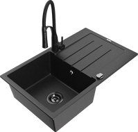 Mexen Bruno 1-bowl granite sink with drainer and Aster kitchen faucet, black/silver metallic - 6513-73-73450-70-B