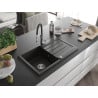 Mexen Bruno granite 1-bowl sink with drainer and Aster kitchen tap, black/gold metallic - 6513-75-73450-07