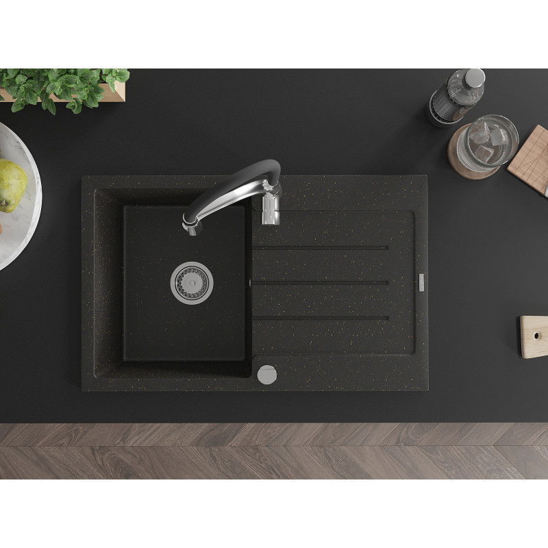 Mexen Bruno granite 1-bowl sink with drainer and Aster kitchen tap, black/gold metallic - 6513-75-73450-07
