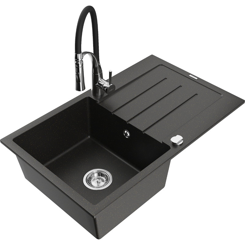 Mexen Bruno 1-bowl granite sink with drainer and kitchen faucet Aster, black/golden metallic - 6513-75-73450-07