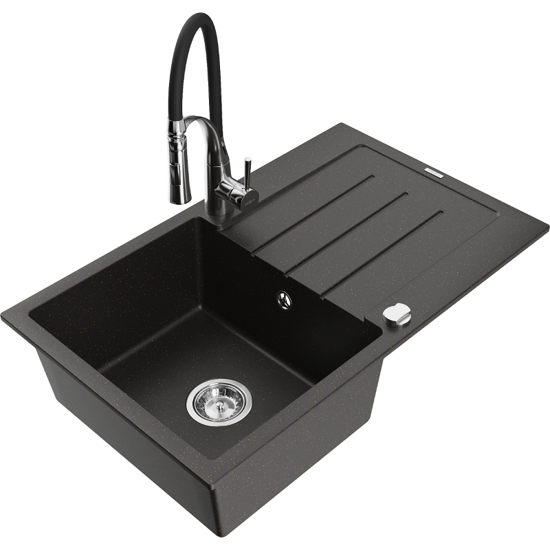 Mexen Bruno granite 1-bowl sink with drainer and Aster kitchen tap, black/gold metallic - 6513-75-73450-07