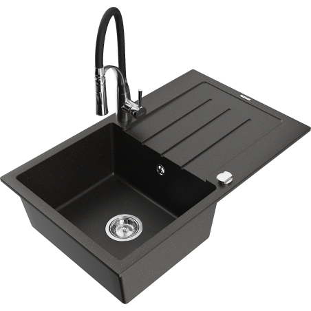 Mexen Bruno 1-bowl granite sink with drainer and kitchen mixer tap Aster, black/golden metallic - 6513-75-73450-07