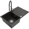 Mexen Bruno 1-bowl granite sink with drainer and kitchen faucet Aster, black/golden metallic - 6513-75-73450-07