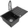 Mexen Bruno granite 1-bowl sink with drainer and Aster kitchen tap, black/gold metallic - 6513-75-73450-07
