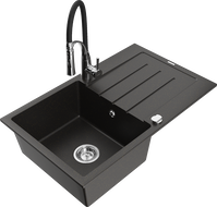 Mexen Bruno granite 1-bowl sink with drainer and Aster kitchen tap, black/gold metallic - 6513-75-73450-07