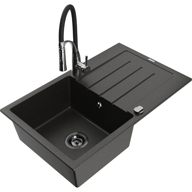 Mexen Bruno 1-bowl granite sink with drainer and Aster kitchen faucet, black/gold metallic - 6513-75-73450-07-B