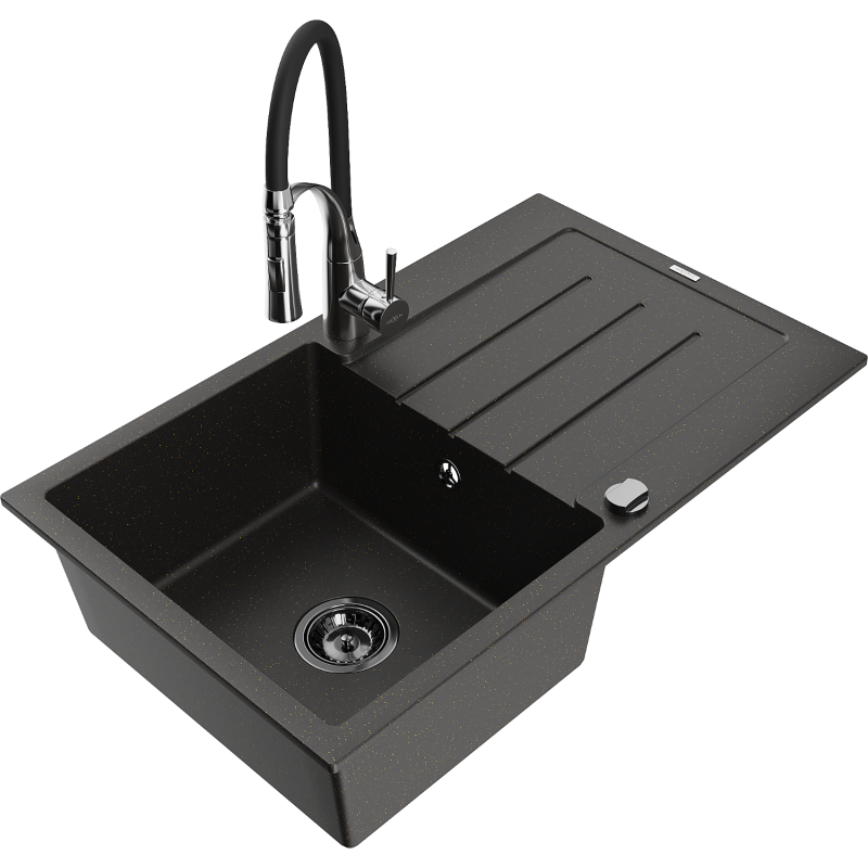 Mexen Bruno granite sink 1-bowl with drainer and Aster kitchen tap, black/gold metallic - 6513-75-73450-07-B