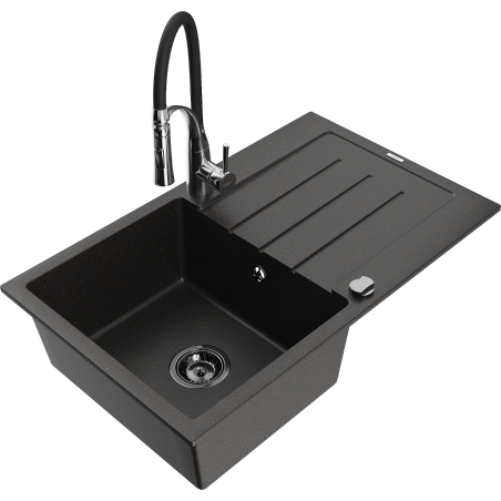 Mexen Bruno granite sink 1-bowl with drainer and Aster kitchen tap, black/gold metallic - 6513-75-73450-07-B