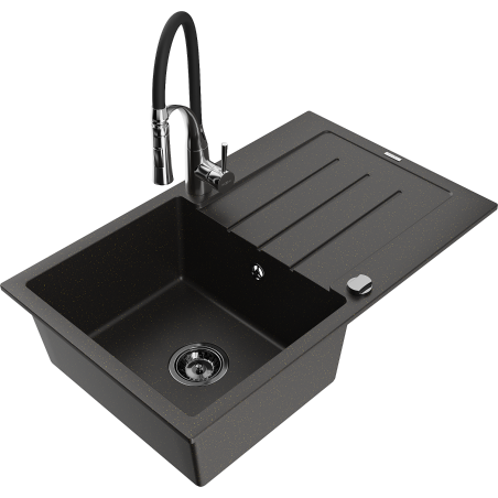 Mexen Bruno granite sink 1-bowl with drainer and kitchen faucet Aster, black/gold metallic - 6513-75-73450-07-B