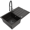 Mexen Bruno 1-bowl granite sink with drainer and Aster kitchen faucet, black/gold metallic - 6513-75-73450-07-B