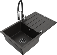Mexen Bruno granite sink 1-bowl with drainer and Aster kitchen tap, black/gold metallic - 6513-75-73450-07-B