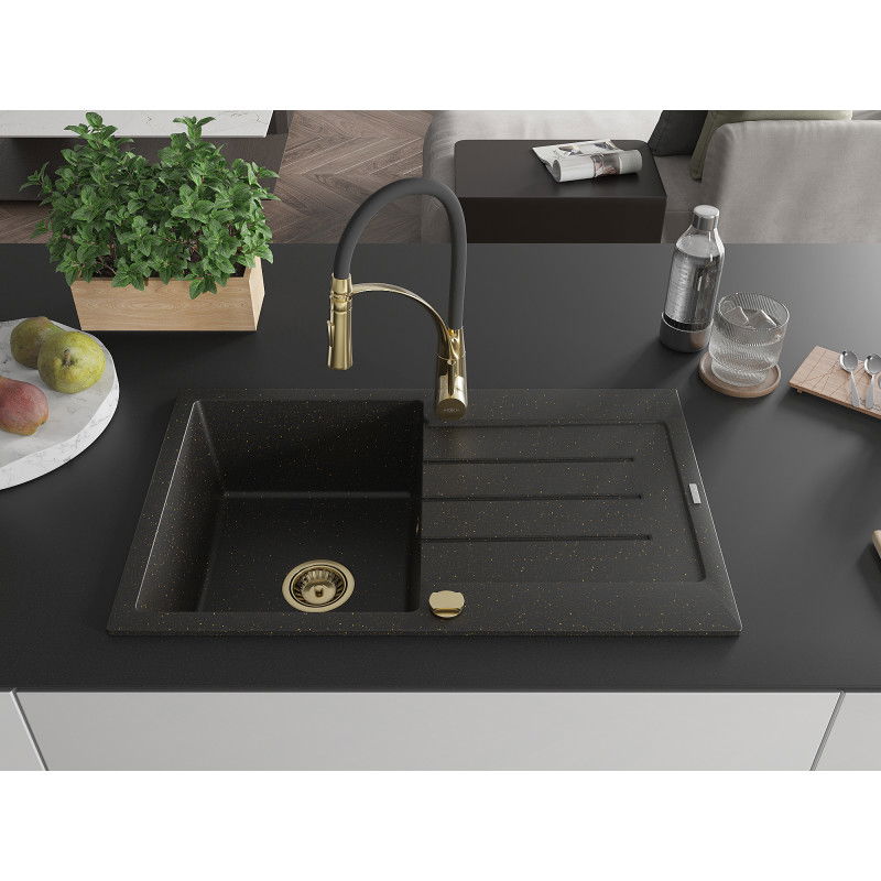 Mexen Bruno 1-bowl granite sink with drainer and Aster kitchen tap, black/gold metallic - 6513-75-73450-57-G