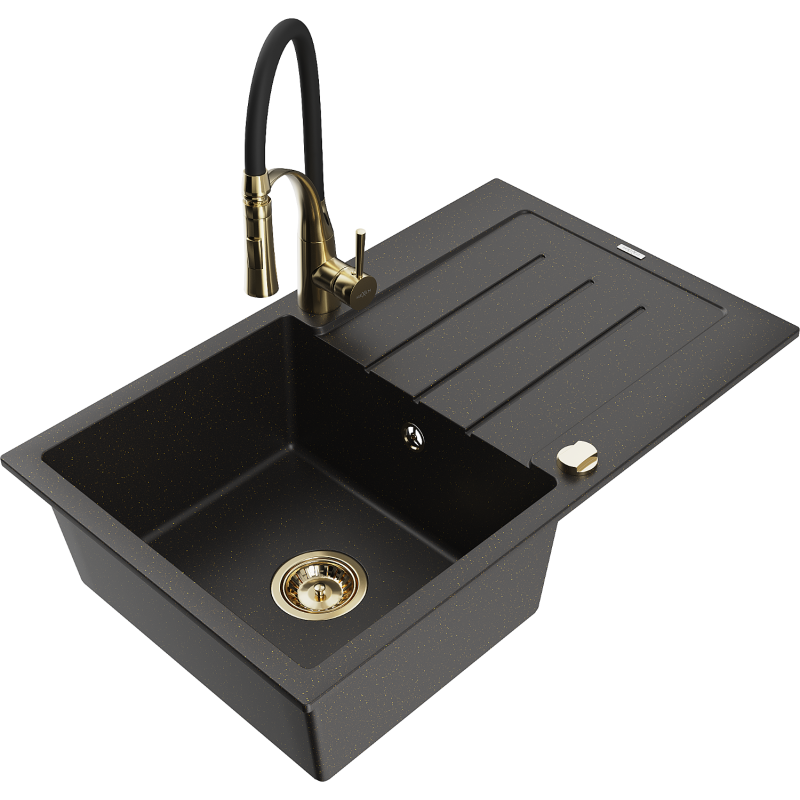 Mexen Bruno 1-bowl granite sink with drainer and Aster kitchen tap, black/gold metallic - 6513-75-73450-57-G