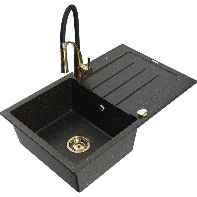 Mexen Bruno granite kitchen sink 1-bowl with drainer and Aster kitchen faucet, black/gold metallic - 6513-75-73450-57-G