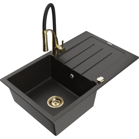 Mexen Bruno 1-bowl granite sink with drainer and Aster kitchen tap, black/gold metallic - 6513-75-73450-57-G
