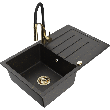 Mexen Bruno granite kitchen sink 1-bowl with drainer and Aster kitchen faucet, black/gold metallic - 6513-75-73450-57-G