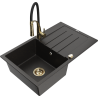 Mexen Bruno 1-bowl granite sink with drainer and Aster kitchen faucet, black/gold metallic - 6513-75-73450-57-G