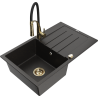 Mexen Bruno 1-bowl granite sink with drainer and Aster kitchen tap, black/gold metallic - 6513-75-73450-57-G