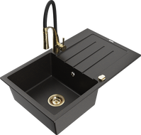 Mexen Bruno granite kitchen sink 1-bowl with drainer and Aster kitchen faucet, black/gold metallic - 6513-75-73450-57-G