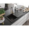 Mexen Bruno granite kitchen sink 1-bowl with drainer and Aster kitchen faucet, black/gold metallic - 6513-75-73450-57-B