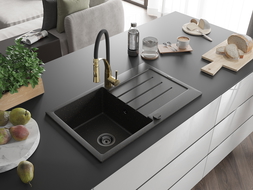 Mexen Bruno 1-compartment granite sink with a drip tray and kitchen mixer tap Aster, Black/Gold metallic - 6513-75-73450-57-B