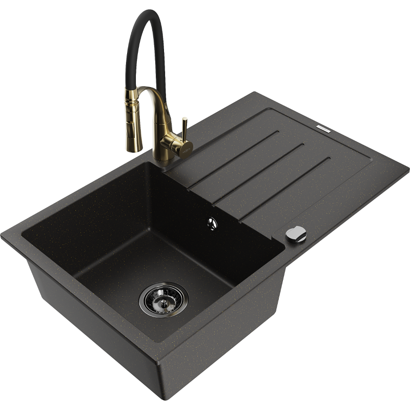 Mexen Bruno 1-compartment granite sink with a drip tray and kitchen mixer tap Aster, Black/Gold metallic - 6513-75-73450-57-B