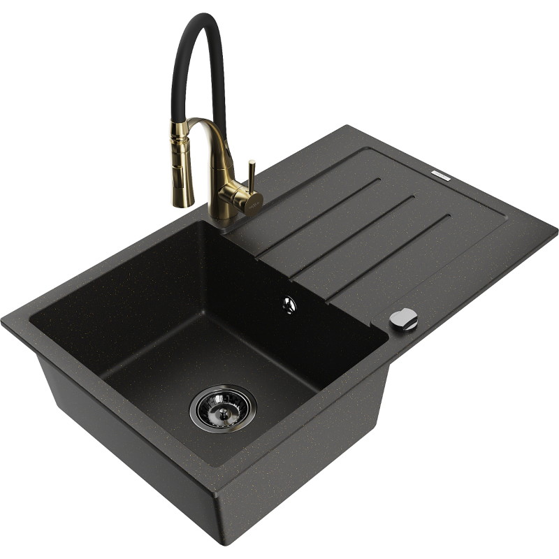 Mexen Bruno granite kitchen sink 1-bowl with drainer and Aster kitchen faucet, black/gold metallic - 6513-75-73450-57-B