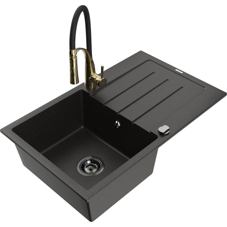 Mexen Bruno granite kitchen sink 1-bowl with drainer and Aster kitchen faucet, black/gold metallic - 6513-75-73450-57-B