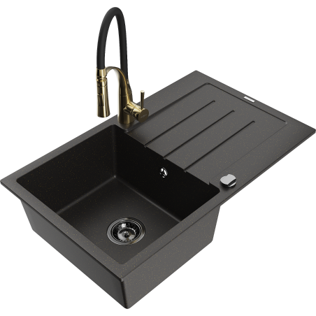 Mexen Bruno granite kitchen sink 1-bowl with drainer and Aster kitchen mixer, black/gold metallic - 6513-75-73450-57-B