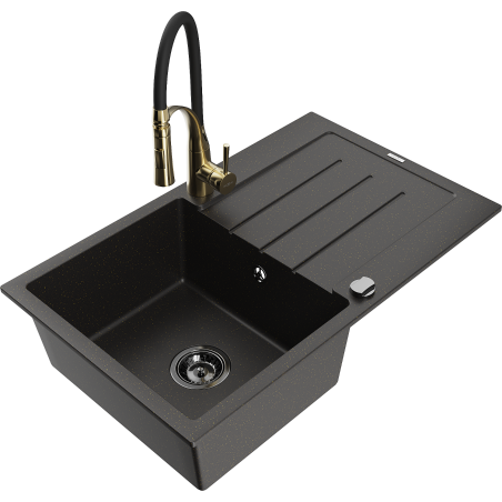 Mexen Bruno granite kitchen sink single-bowl with drainer and kitchen faucet Aster, black/gold metallic - 6513-75-73450-57-B