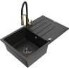 Mexen Bruno granite kitchen sink single-bowl with drainer and kitchen faucet Aster, black/gold metallic - 6513-75-73450-57-B