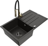 Mexen Bruno granite kitchen sink single-bowl with drainer and kitchen faucet Aster, black/gold metallic - 6513-75-73450-57-B