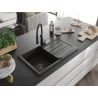 Mexen Bruno granite sink 1-bowl with drainer and Aster kitchen tap, black/gold metallic - 6513-75-73450-70-B
