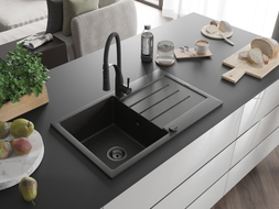 Mexen Bruno granite kitchen sink 1-bowl with drainer and Aster kitchen faucet, black/gold metallic - 6513-75-73450-70-B