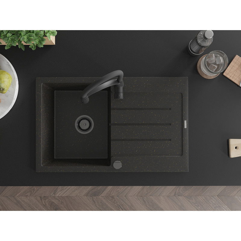 Mexen Bruno granite sink 1-bowl with drainer and Aster kitchen tap, black/gold metallic - 6513-75-73450-70-B