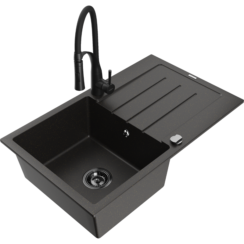 Mexen Bruno 1-compartment granite sink with a drip tray and kitchen mixer tap Aster, Black/Gold metallic - 6513-75-73450-70-B