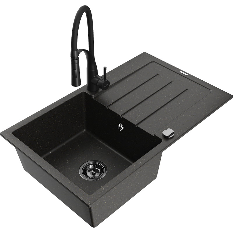 Mexen Bruno granite kitchen sink single-bowl with drainer and kitchen faucet Aster, black/gold metallic - 6513-75-73450-70-B
