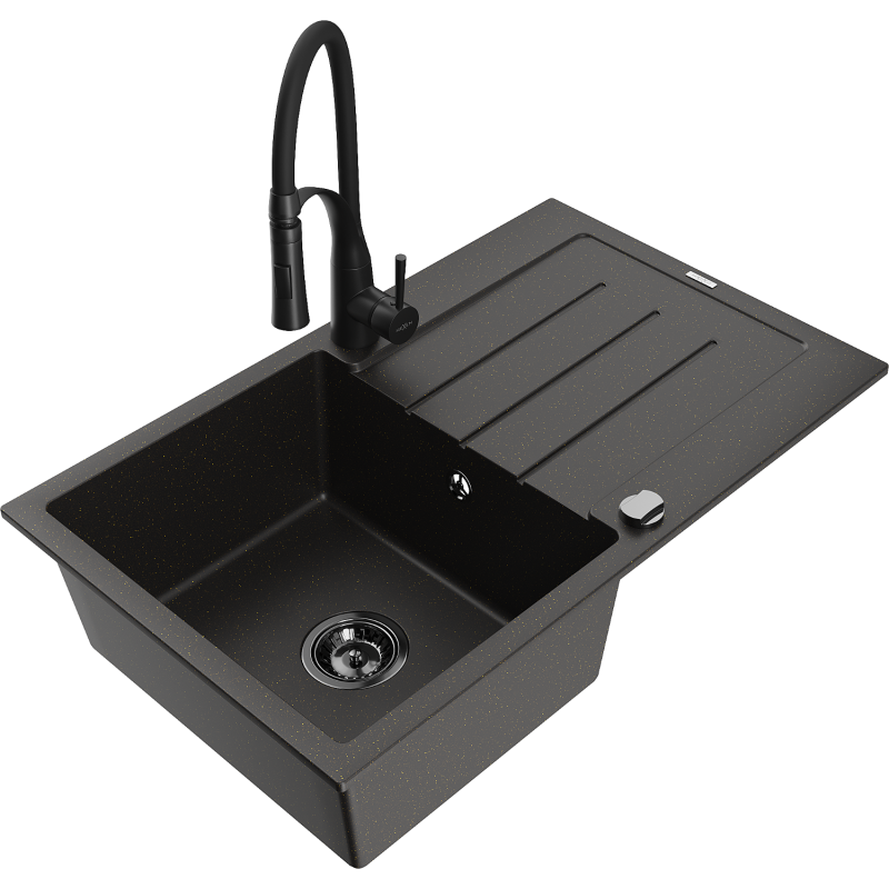 Mexen Bruno granite sink 1-bowl with drainer and Aster kitchen tap, black/gold metallic - 6513-75-73450-70-B