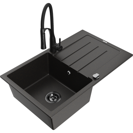 Mexen Bruno granite kitchen sink single-bowl with drainer and kitchen faucet Aster, black/gold metallic - 6513-75-73450-70-B