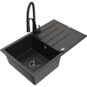 Mexen Bruno granite sink 1-bowl with drainer and Aster kitchen tap, black/gold metallic - 6513-75-73450-70-B