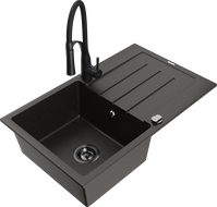 Mexen Bruno granite kitchen sink 1-bowl with drainer and Aster kitchen faucet, black/gold metallic - 6513-75-73450-70-B