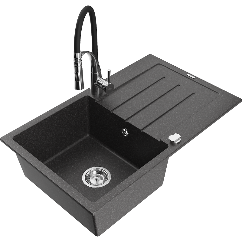 Mexen Bruno 1-compartment granite sink with a drip tray and kitchen mixer tap Aster, spotted black - 6513-76-73450-07